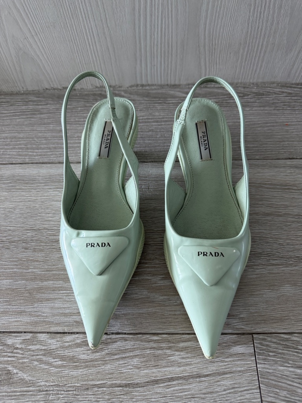 Prada Pale Mint Patent Pointed Slingback Pumps